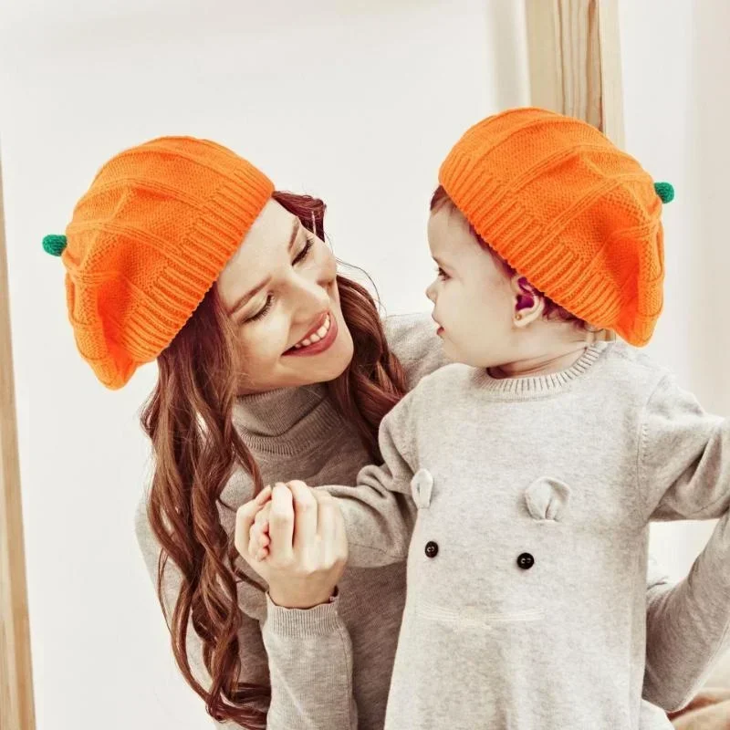Cute Pumpkin Shape Knit Hat Halloween Costume Beret Children Adults Cozy Fall Winter Headwear Family Party Dress Up Accessories