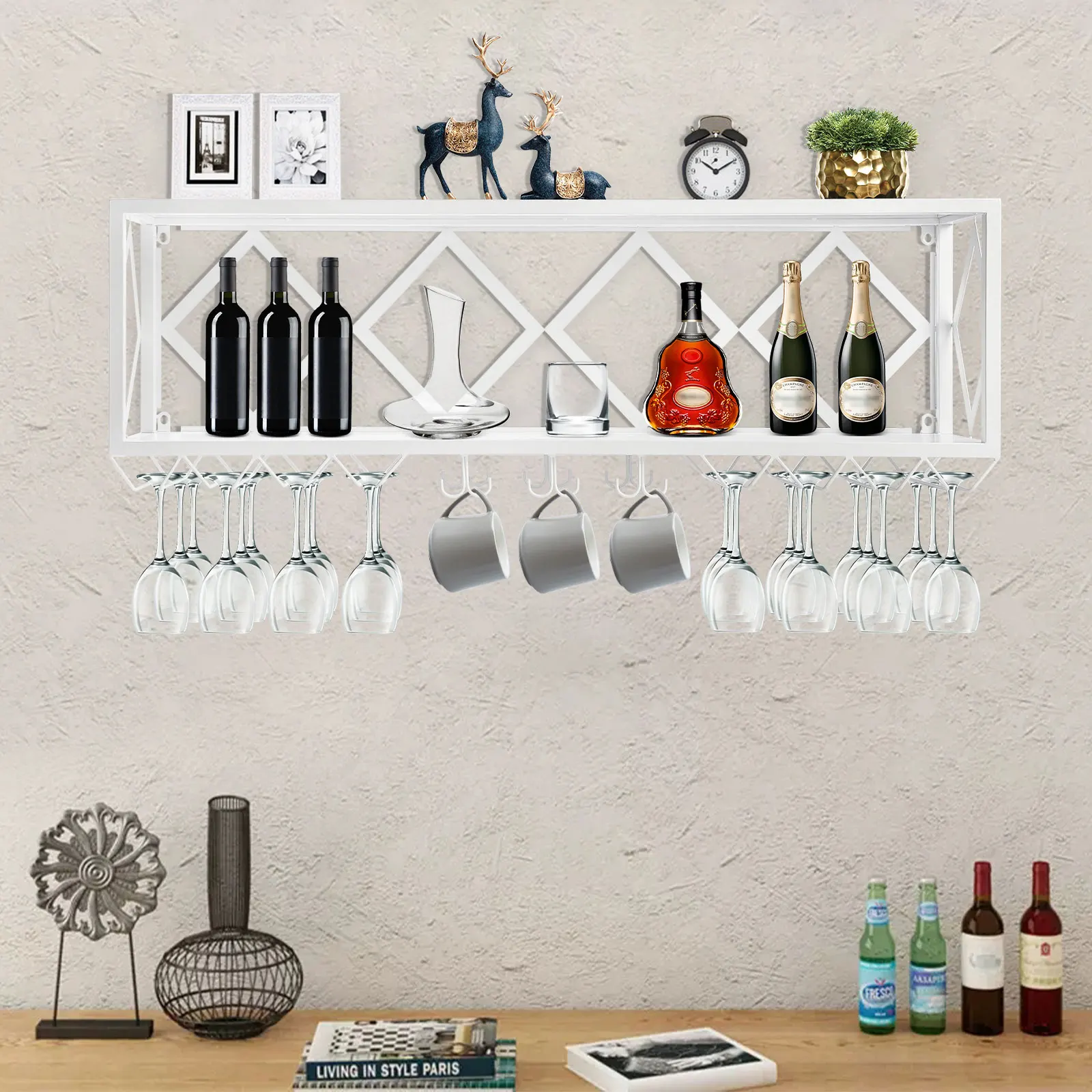 

Wine Rack Bar Unit Floating Shelves Wall-Mounted Inverted Wine Glass Rack Multifunctional Iron Bottle Holder