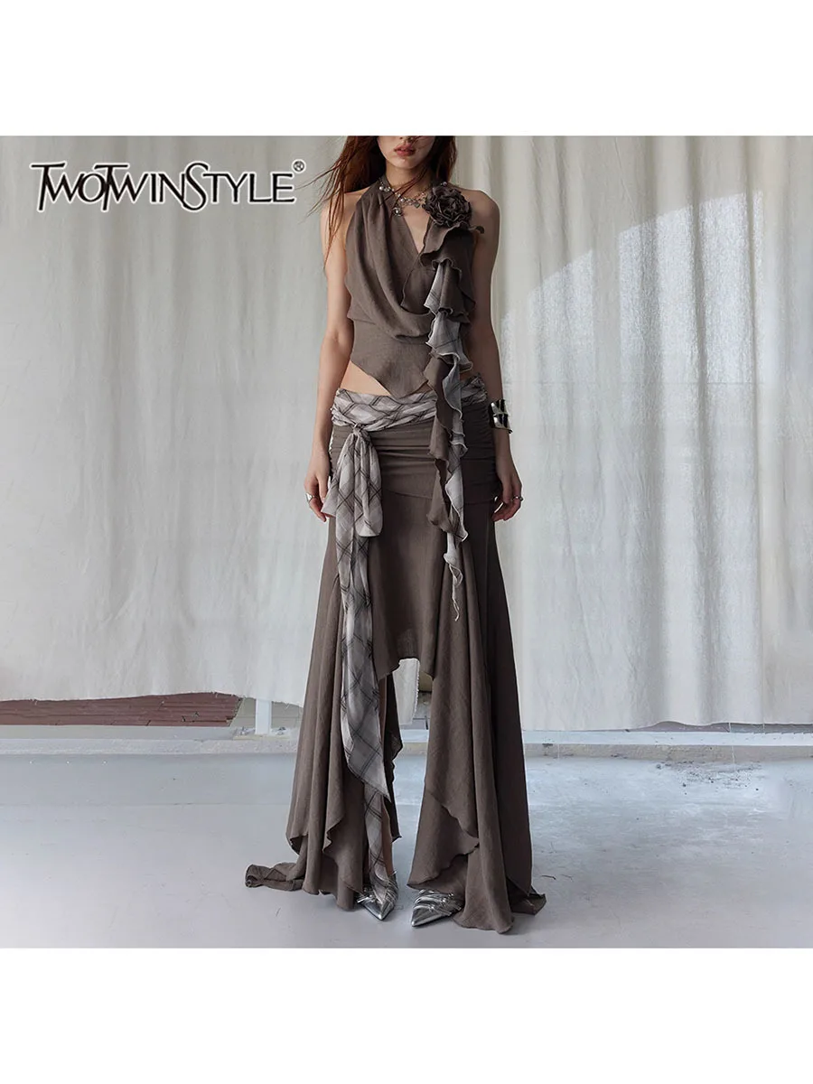 

TWOTWINSTYL Hit Color Spliced Ruffles Two Piece Set For Women V Neck Sleeveless Top High Waist Skirts Sets Female Fashion New