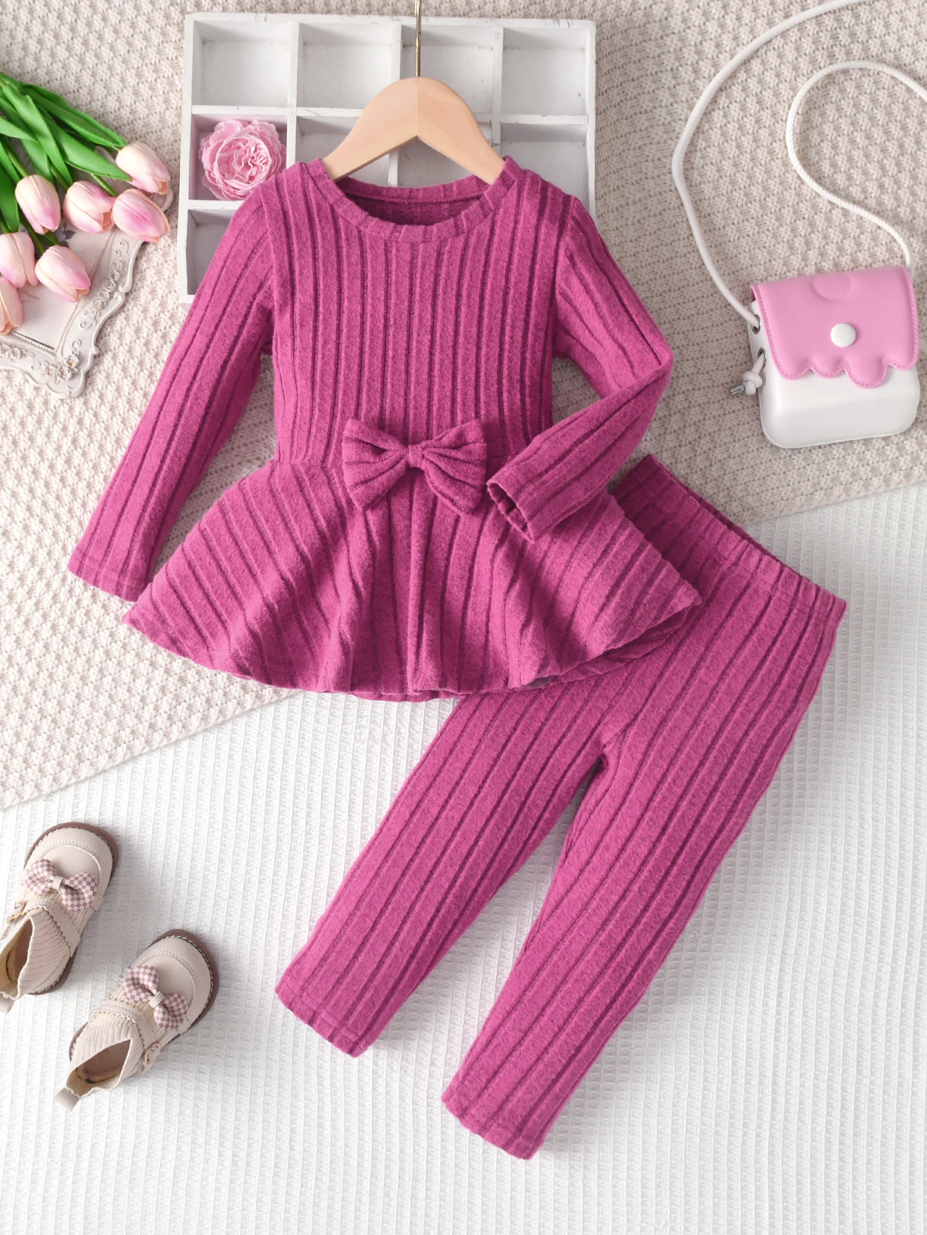 Conjunto informal acanalado de 2 piezas para niña, camisa de manga larga con cuello redondo y pantalones largos para primavera y otoño al aire libre o en casa