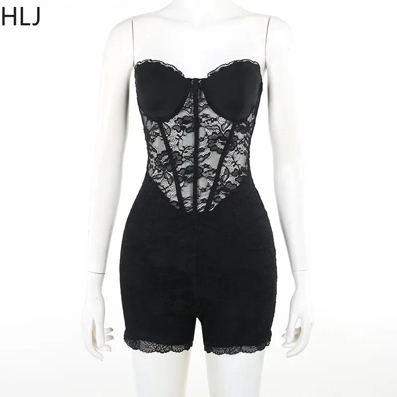 HLJ Sexy Lace See Though Bodycon Tube Rompers Women Off Shoulder Sleeveless Backless Slim One Piece Jumpsuits Fashion Overalls