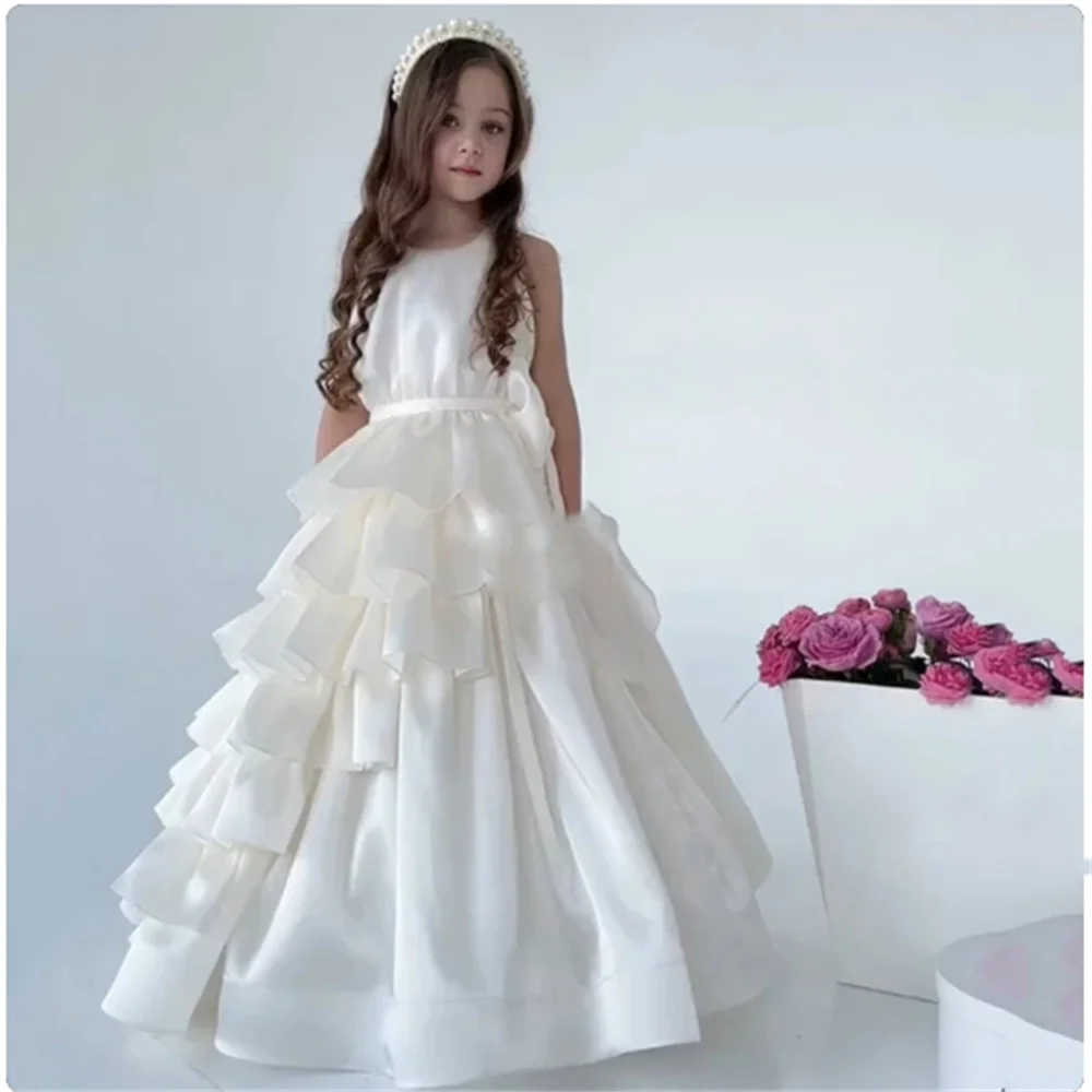 Vestido de flores escalonado blanco elegante para niña, vestido de noche de princesa para niños, fiesta de boda, cumpleaños de Dubái