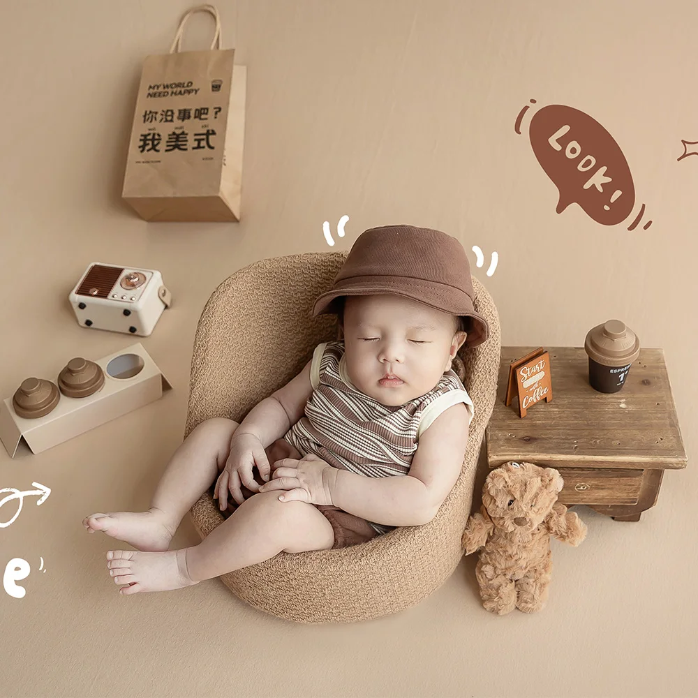 

0 Months Newborn Clothes Striped Sleeveless Top Shorts Bucket Hat Photography Outfits Stuffed Bear Dolls Babies Shooting Props