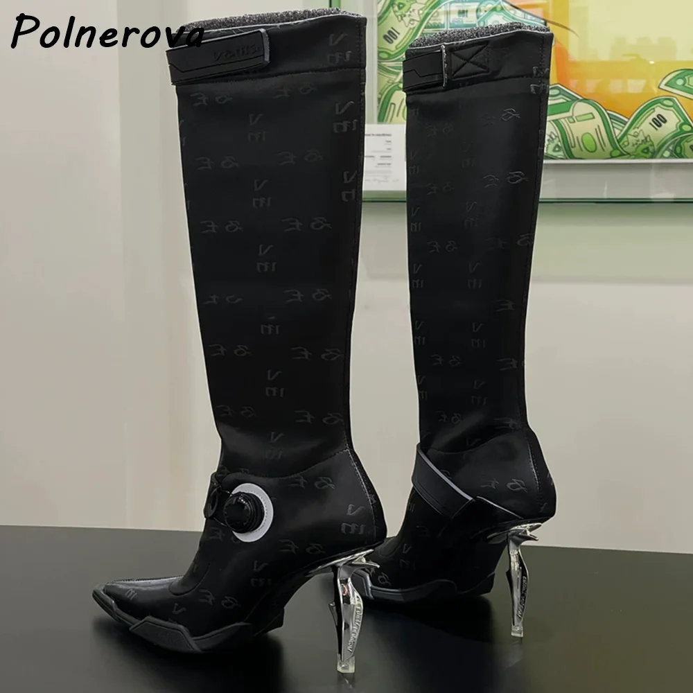 Futuristic Techwear Knee High Boots Sculptural Metal Heel Monogram Printed Satin Shoes Cyberpunk Pointed Toe Sexy Stiletto Shoes view 2