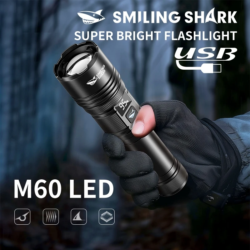 Smiling Shark SD7173 Super Bright M60 Flashlight,Rechargeable Zoomable Torch, 5000mAh,Power Display, for Outdoor Camping, Hiking