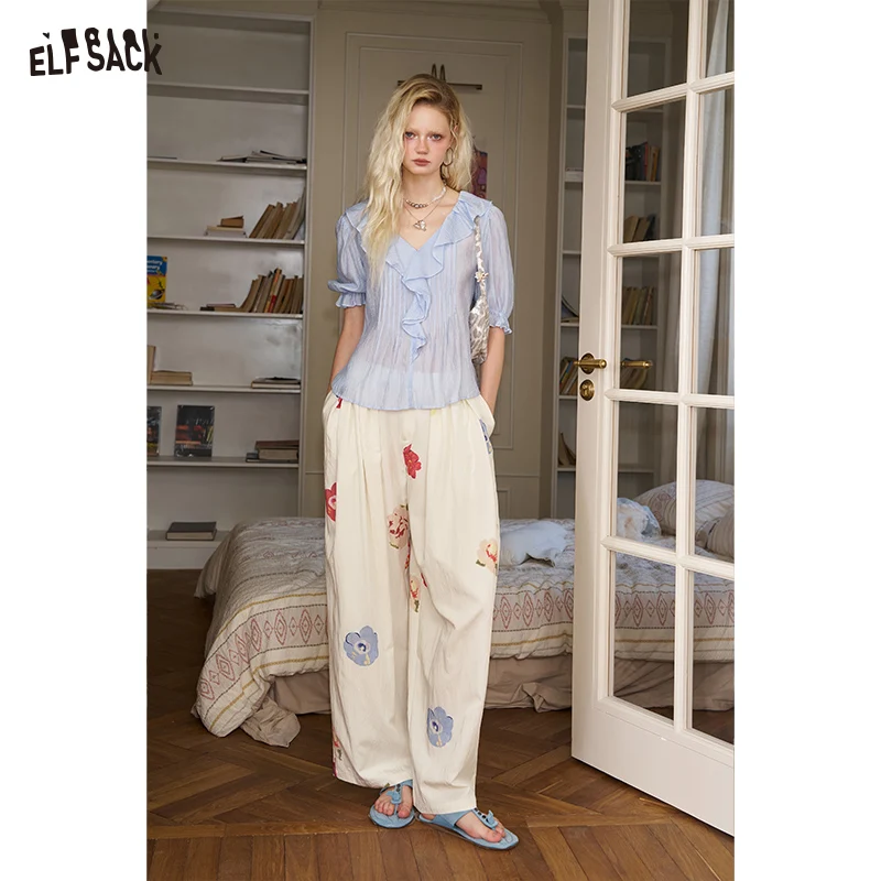 ELFSACK 2025 Summer New Arrivals Hand Drawn Flower Pleated Casual Straight Leg Wide Leg Pants For Women