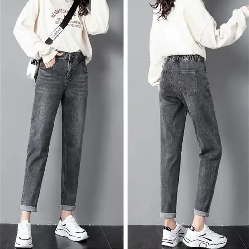 

Woman Jeans Pants Black Gray High Waist Trousers Spring And Autumn Straight-Leg Pants Width Pine Nuts Pantalones Vaqueros Mujer