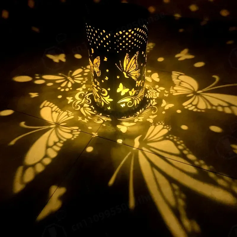 Solar Lighting Wrought Iron Butterfly Lantern Outdoor Courtyard Lawn Hollow Projection Landscape Decorative Lamp