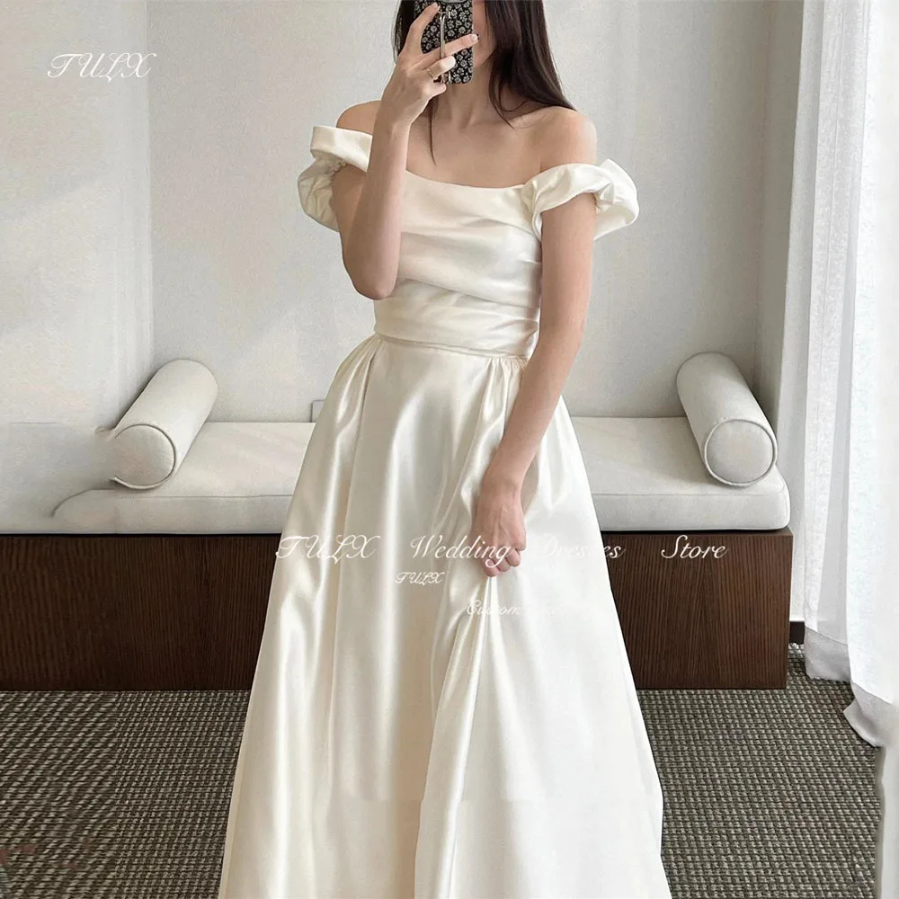 

TULX Korea Simple A Line Soft Satin Wedding Dresses Photo shoot Off Shoulder Floor Length Bridal Gowns Lace Up Back Plus Size