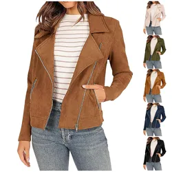 Women's Fall Faux Suede Moto Jacket Fashion Long Sleeve Zipper Short Casual Coats plus Size Fall Coats Zipper Jacket for Girls