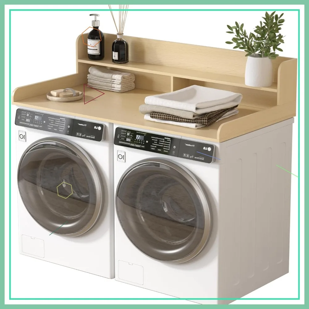 

2-Tier Laundry Countertop 54x27.5 in, Washer Dryer Topper with Edge Rails, Natural Wood