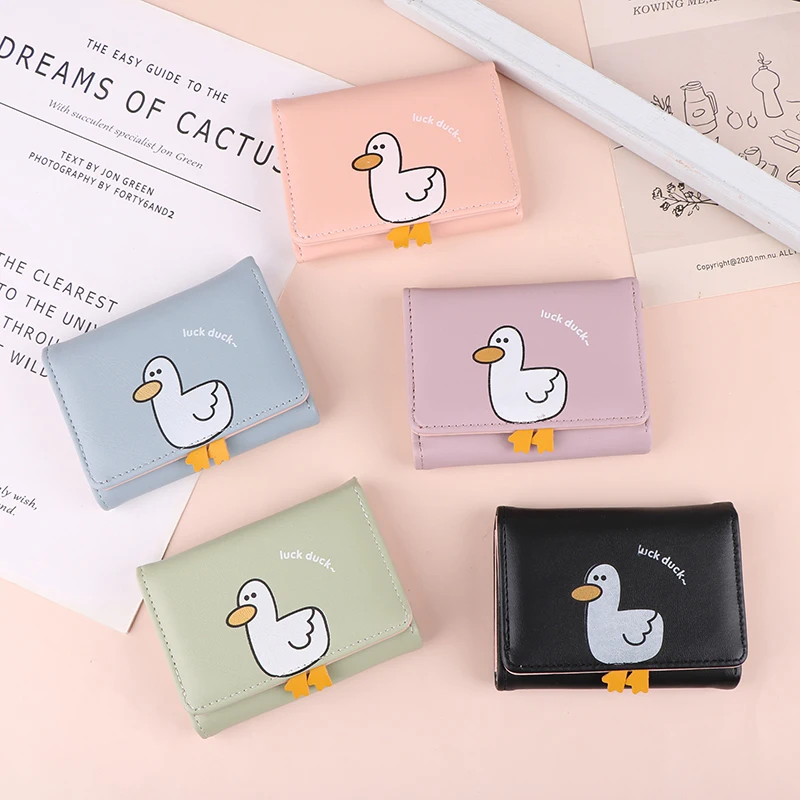 Cartera creativa de piel sintética con diseño de pato de la suerte para mujer, tarjetero, billetera Kawaii de pliegue corto, monedero con Clip