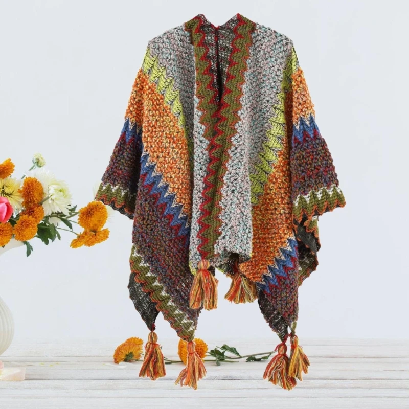 Large Warm Shawl Knitted Wrap Multicolor Tassels Winter Accessory Casual Crop