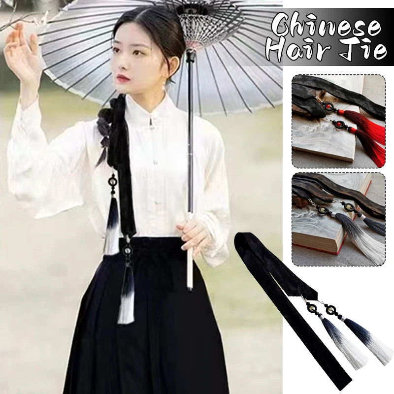 Hiasan kepala Hanfu kuno Cina, aksesori kepala Hanfu tali rambut merah hitam uniseks Aksesori gradien rumbai panjang, alat peraga Cosplay