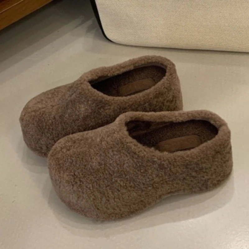 

Winter Plush Warm Platform Slippers Women Retro Brown Round Toe Fluffy Slippers Fashion Height Increasing Non-slip Mules Shoes