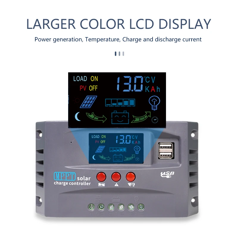 MPPT Solar Controller 10A 20A 30A Solar Charge Controller Smart Mini Photovoltaic Charger Voltage Regulator Color LED Screen USB