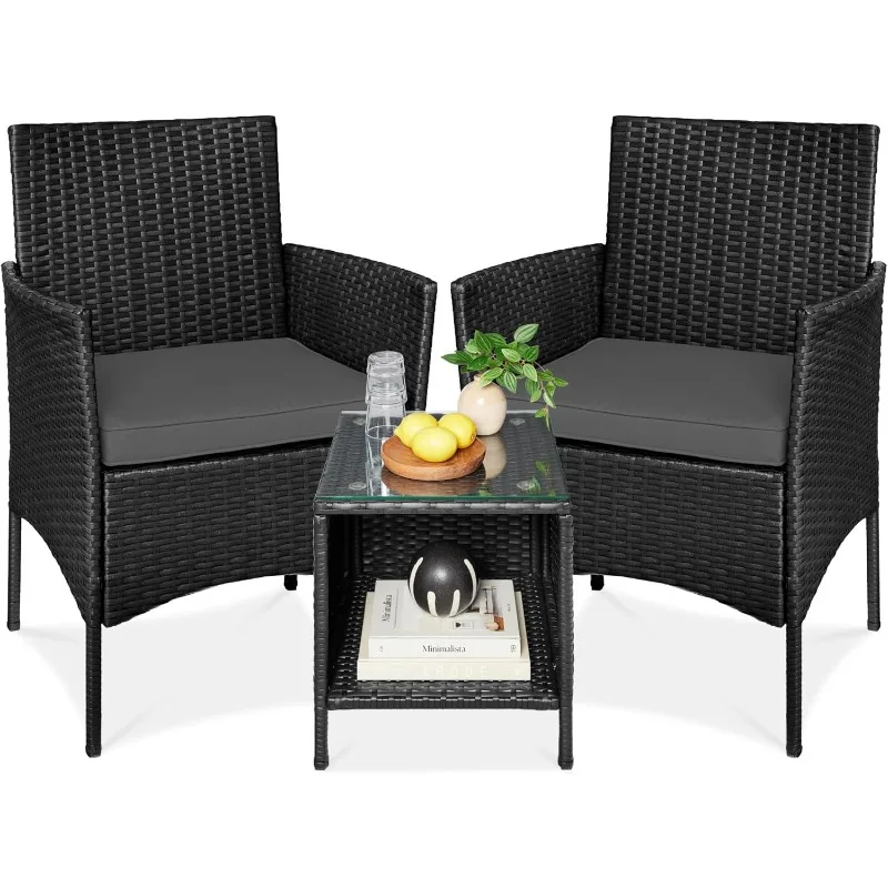 

home. 3-Piece Outdoor Wicker Conversation Bistro Set, Space Saving Patio Furniture for Garden w/Side Table -