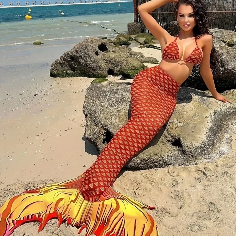 Mermaid Skirt Adult Summer Beauty Swimsuit Three-piece Fish Tail Halter Neck Sexy Triangle Bikini Swimsuit with Chest Pad