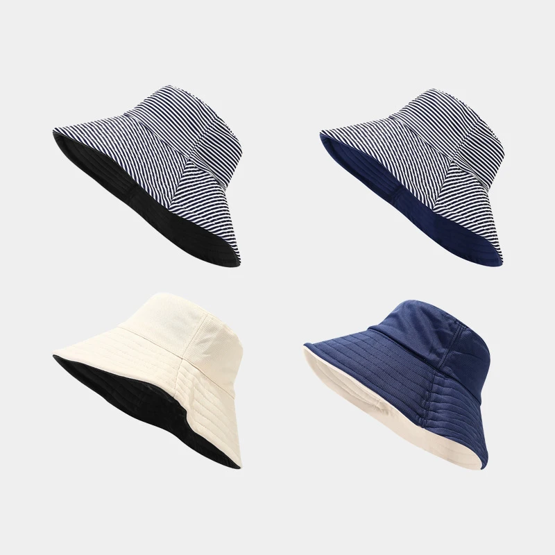 Women Striped Print Double Sided Sun Hat UV Protection Wide Brim Beach Cap