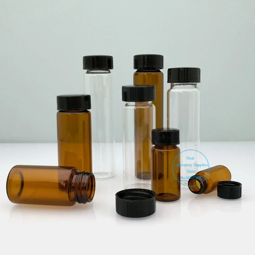 20pcs/lot 3ml 5ml 10ml 15ml 20ml 30ml 40ml 50ml (Clear/ brown) Glass Seal Bottle Reagent Sample Vials With Plastic Lid Screw Cap