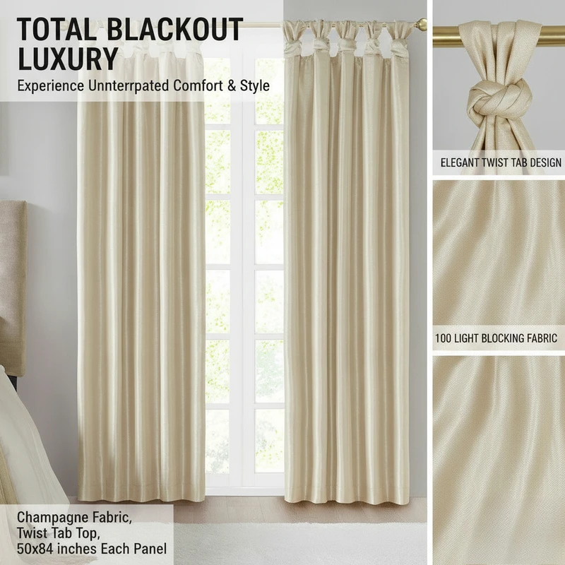 1PCS Champagne Twist Tab Blackout Curtains 50x84 Inch, Thermal Insulated Polyester Window Drapes For Bedroom Living Room Home Decor