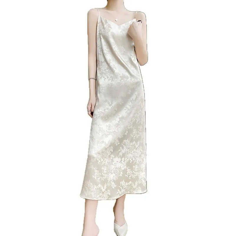 프렌치 아세테이트 새틴 V넥 스트랩 여성용, 봄과 여름 신상 자카드, 슬림 롱 드레스