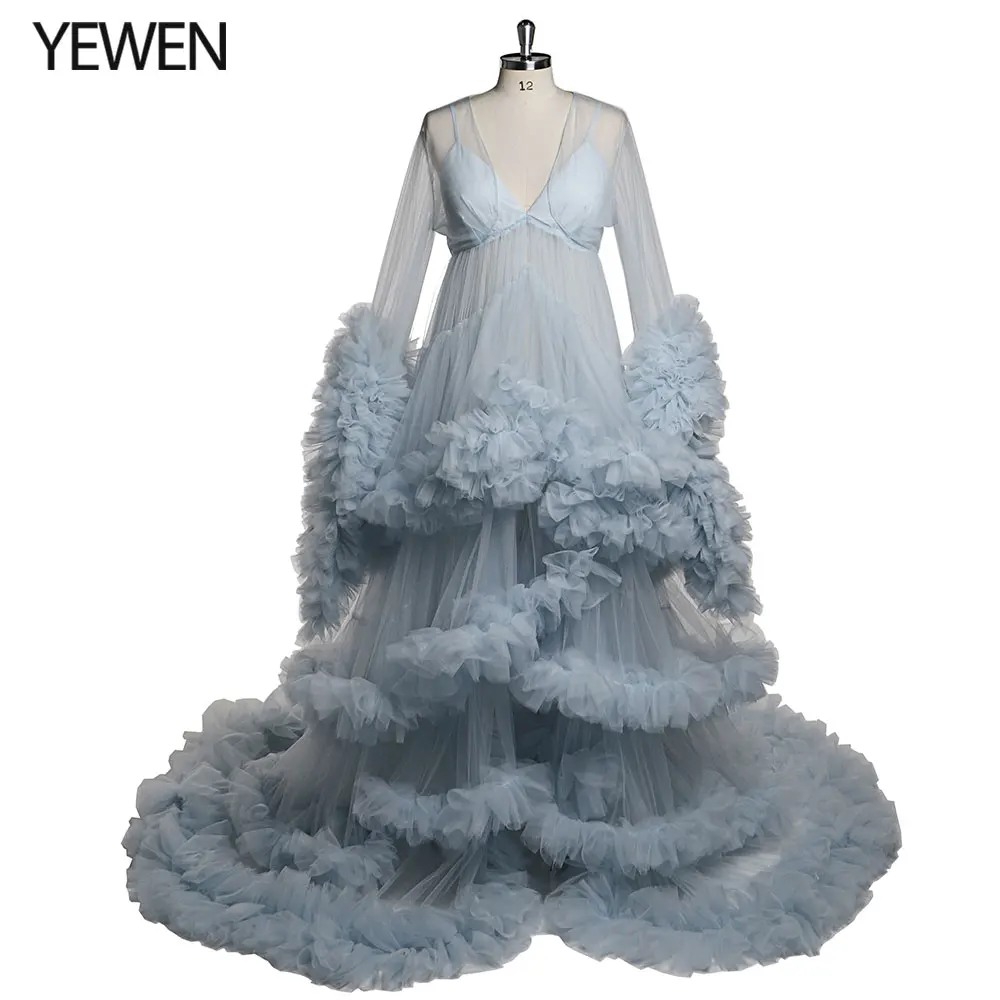 Tulle V Neck Evening Gowns Photography Dress Removable Shawl Baby Shower Dress Robe for Photoshoot YEWEN YW220704