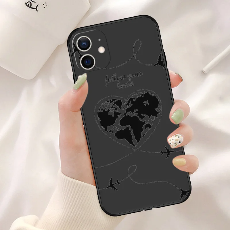 Black Soft Phone Case for Apple iphone 16 15 14 13 12 Mini XS 11 Pro Max XR 7 8 Plus X 16ProMax Airplane World Map Rocket Cover