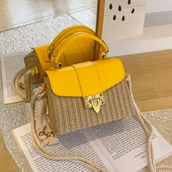 PU and Straw Splicing Square Hand Bags Hasp Rope High Quality Shoulder and Crossbody Bags for Women 2024 Casual Hot Sale Summer