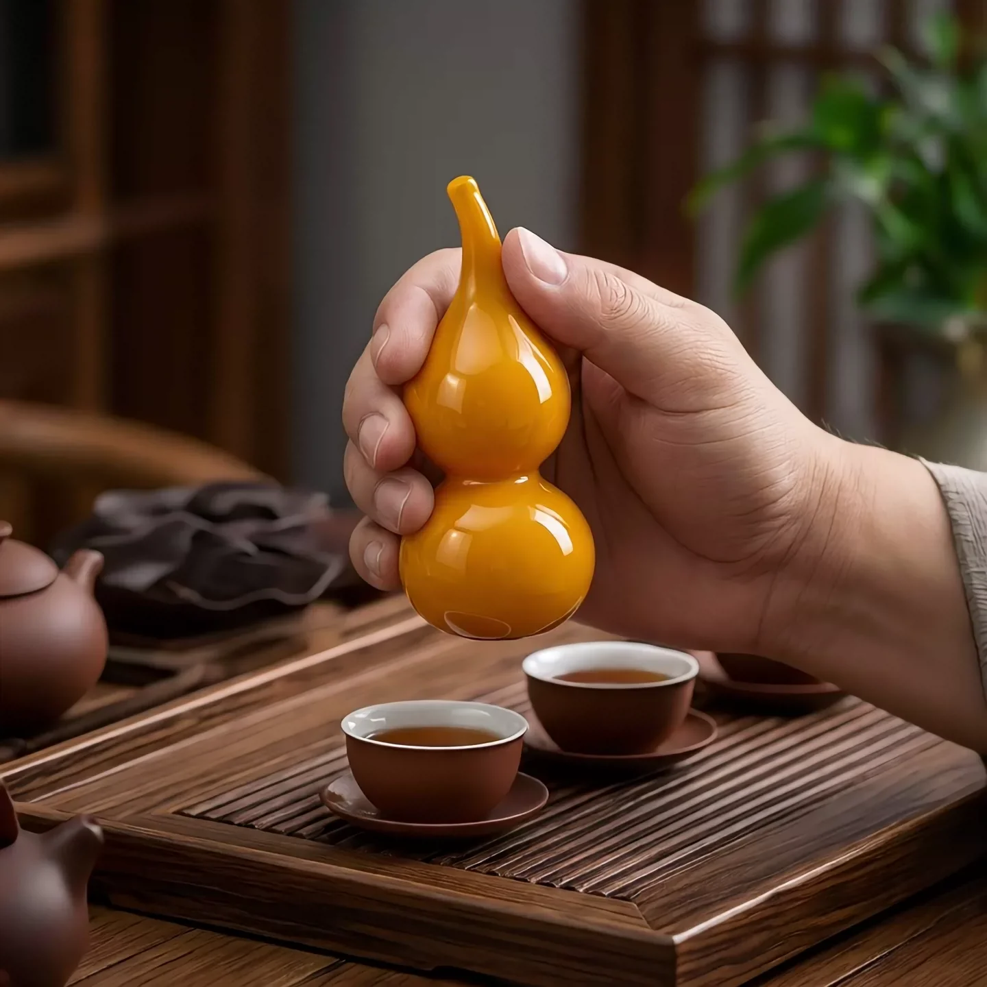 Zibo chicken oil yellow chicken blood red glazed gourd ornament, purely handmade home decoration, daily gift, Chinese handicraft