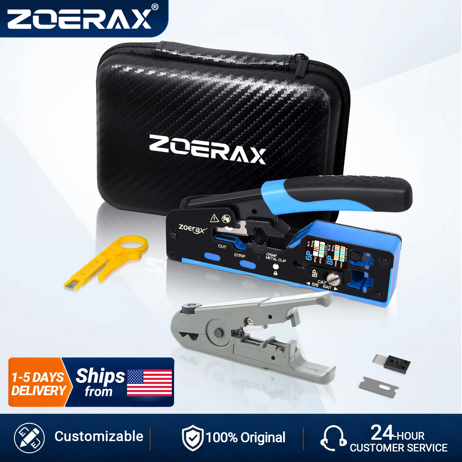 ZoeRax RJ45 CAT7 CAT6A Crimping Tool RJ45 Network Tool Kit for CAT6A CAT7 CAT5 CAT6 Connectors with Crimp Tool,Wire Stripper and Blades