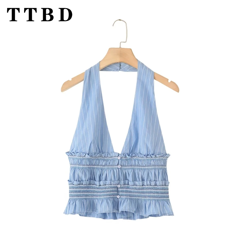 

TTBD 2024 New Summer Women's Sexy Hanging Neck Top Ladies Pleated Solid Color Vest Top Fashion Striped Sleeveless Shirt