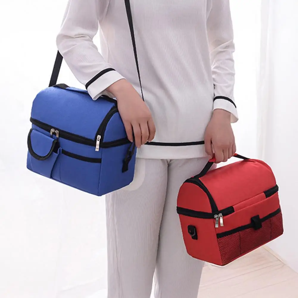 Insulated Double Layer Lunch Bag with Shoulder Strap Oxford Cloth Lunch Container Leakproof Food Carrier for Work And School