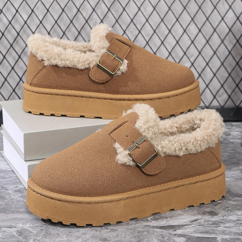 Inverno Addensato Peluche Appartamenti per Le Donne 2024 Marrone Pelliccia Sintetica Caldo Antiscivolo Scarpe Casual Donna Fahion Fibbia Tacco