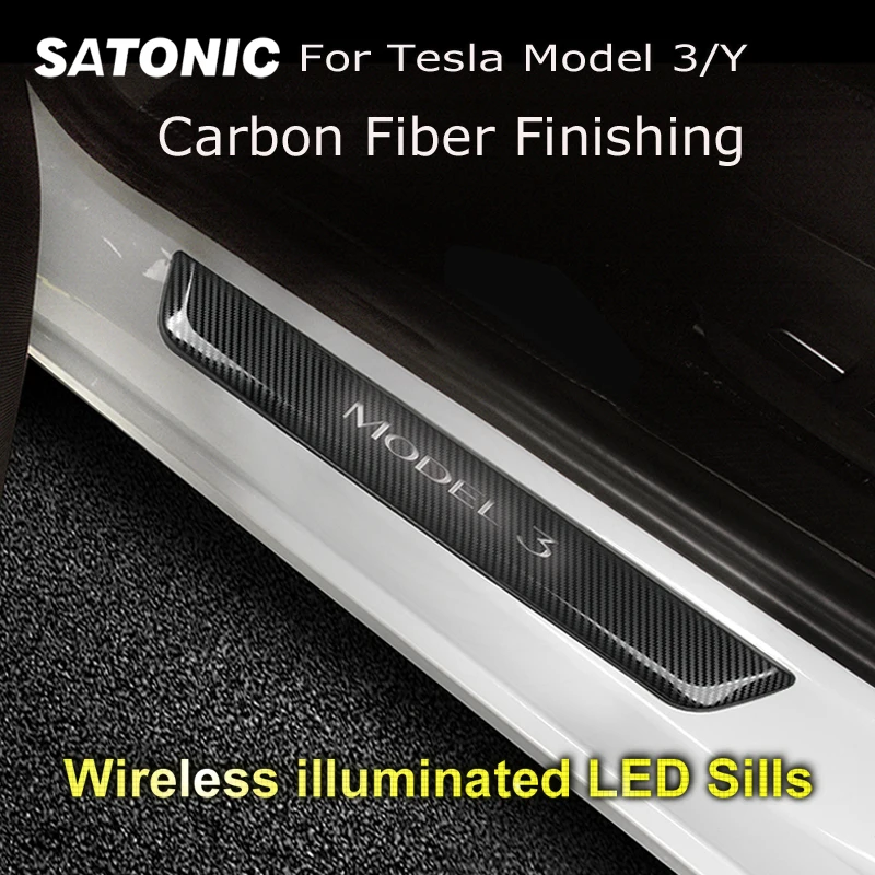 Wireless LED Illuminated Door Sills Model3 Edge Protector For Tesla Model 3  Y Anti-slide OEM Look Caborn Fiber Finishing