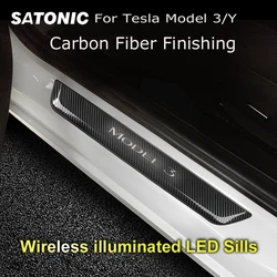 Wireless LED Illuminated Door Sills Model3 Edge Protector For Tesla Model 3  Y Anti-slide OEM Look Caborn Fiber Finishing