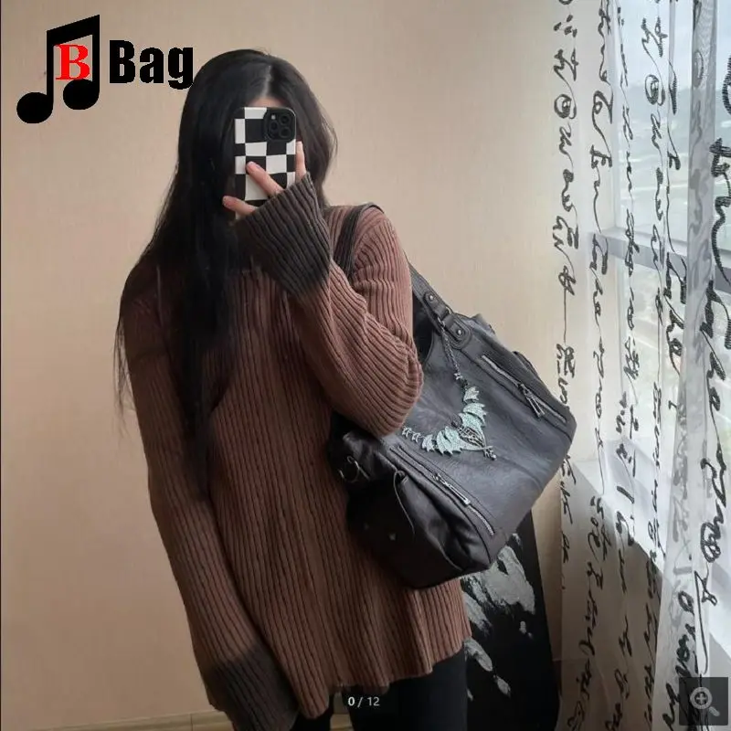 Y2K Gothic Women Girls Punk Handbags Harajuku Leisure Commuter One Shoulder Motorcycle Soft Leather Diagonal Straddle Bag Totes