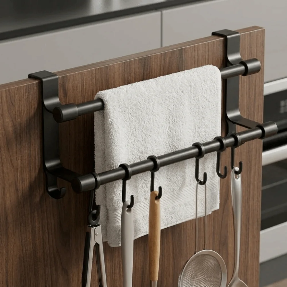 Space-Saving Double Rod Towel Rack Heavy Duty Metal Door Rear Hook Storage Rack with Hooks Punch-Free Bath Towel Organizer