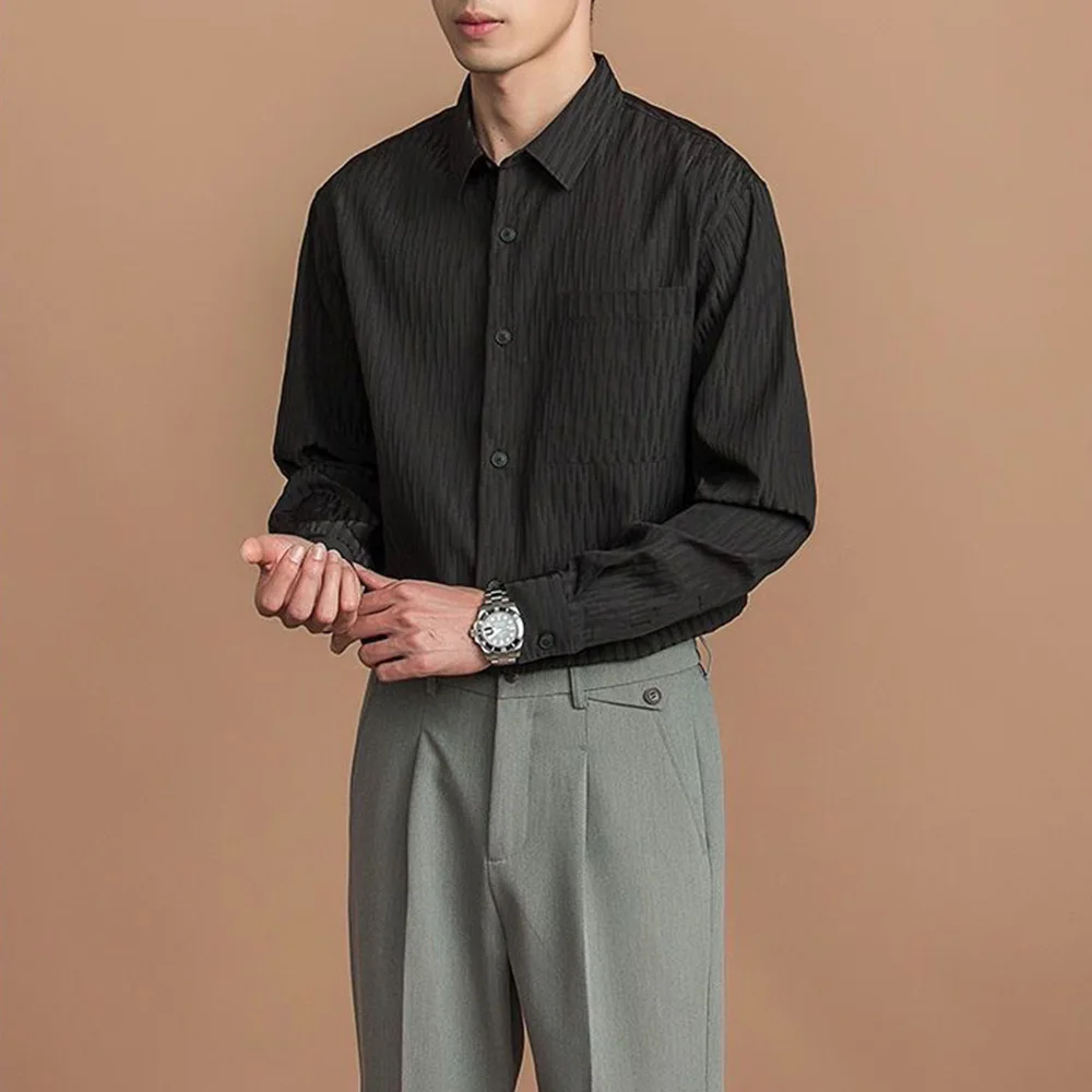Mens Shirt Wrinkled Texture Casual Shirt British Elegant Business Commuting Temperament Solid Color Tops Men'S Clothing 2024