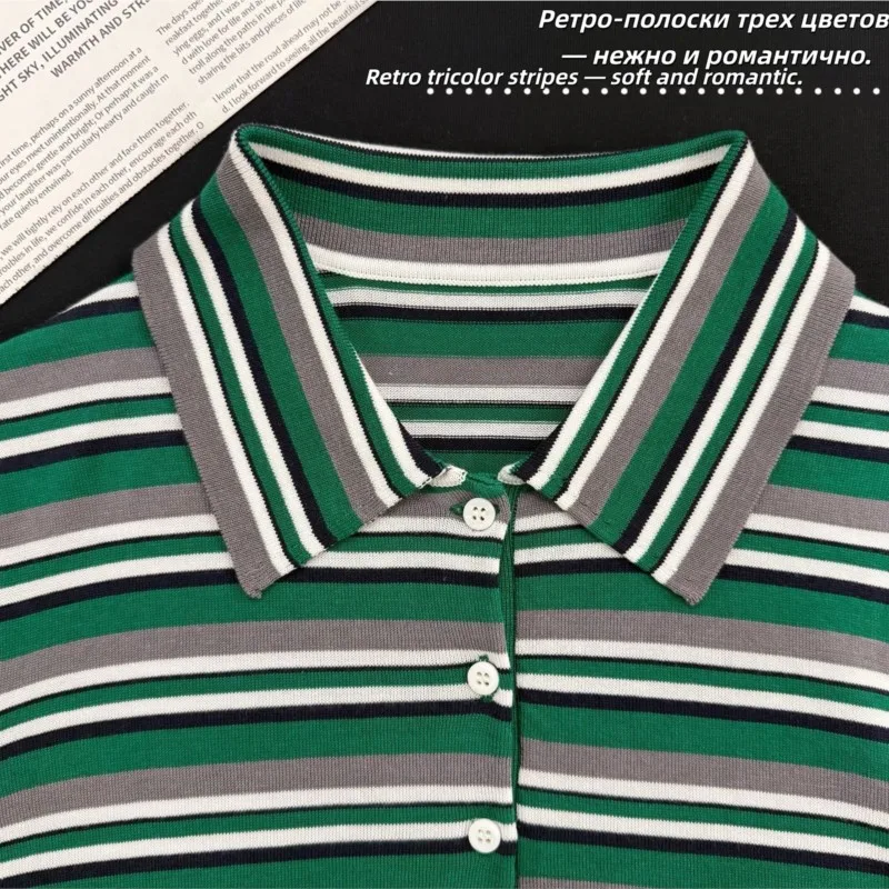 Women's Retro Striped Knit Shirt Short Sleeve Vintage Green Collared T-Shirt Casual Preppy Style Top for Daily Wear