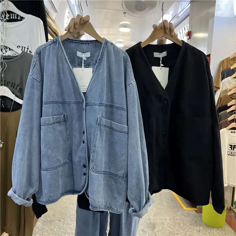 

Chubby Girl Artistic V-neck Loose Casual Long Sleeve Cardigan Denim Coat Women