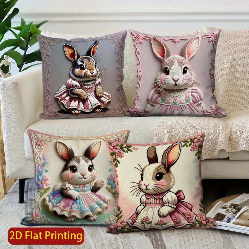 2D Cute Rabbit Dressed In Dress Pillow Covers Pattern Cushion Cover Suitable For Sofa Bedroom Car Pillow Cover