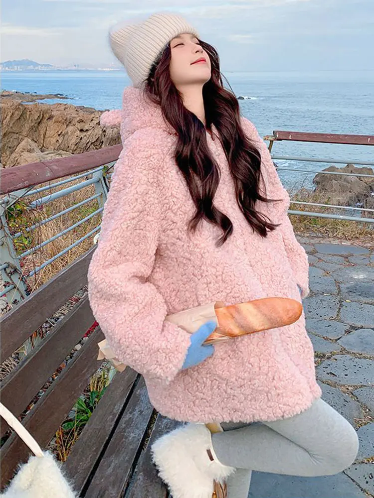 Pink Hooded Faux Lambhair Winter Jacket Women's New Style Fashion Loose And Thick Warm Women Coat Casual Cute Mid-length Jacket