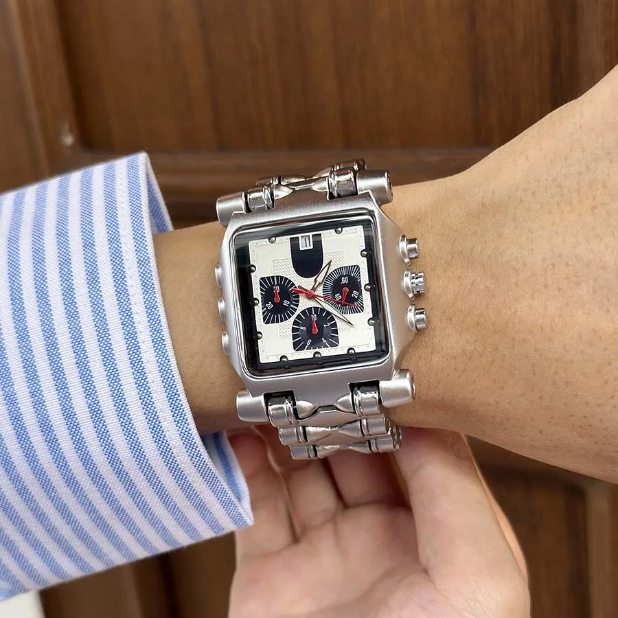 Men Y2K Retro Square Quartz Watch Multifunctional Calendar Chronograph Stainless Steel Band Sports Business Male Wristwatch Gift