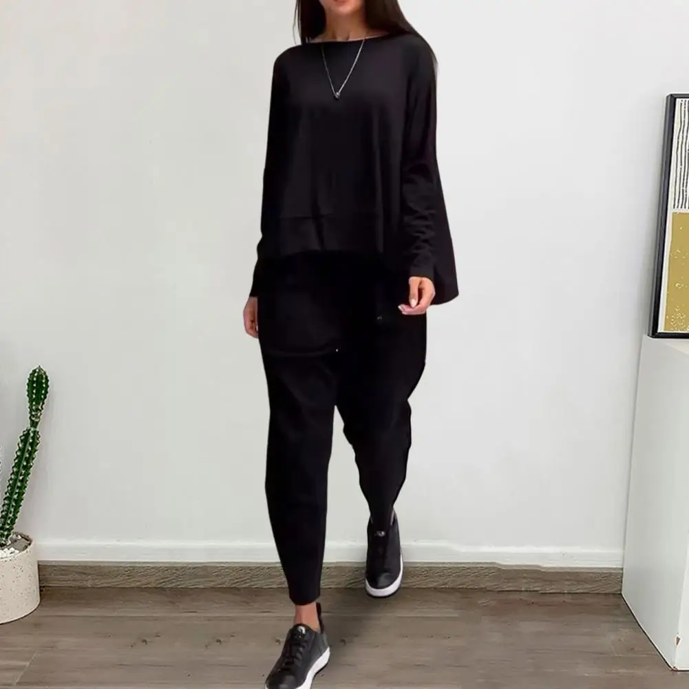 Women Casual Two-piece Set Women's 2-piece Top Pants Set with Long Sleeves O Neck T-shirt Elastic Waist Ankle-banded for Ol