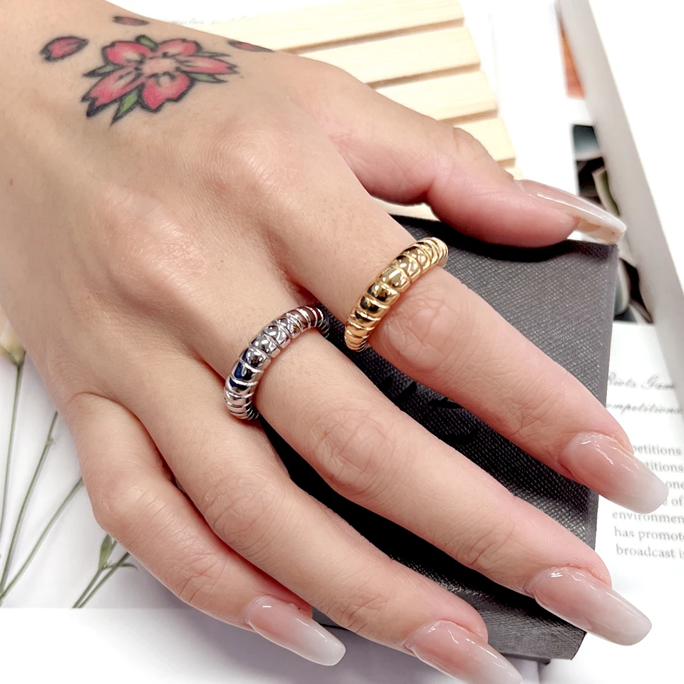 New Trendy High Quality Stainless Steel Minimalist Textured Geometric Charm Statement Gold Color Ring Anillo Jewelry For Women