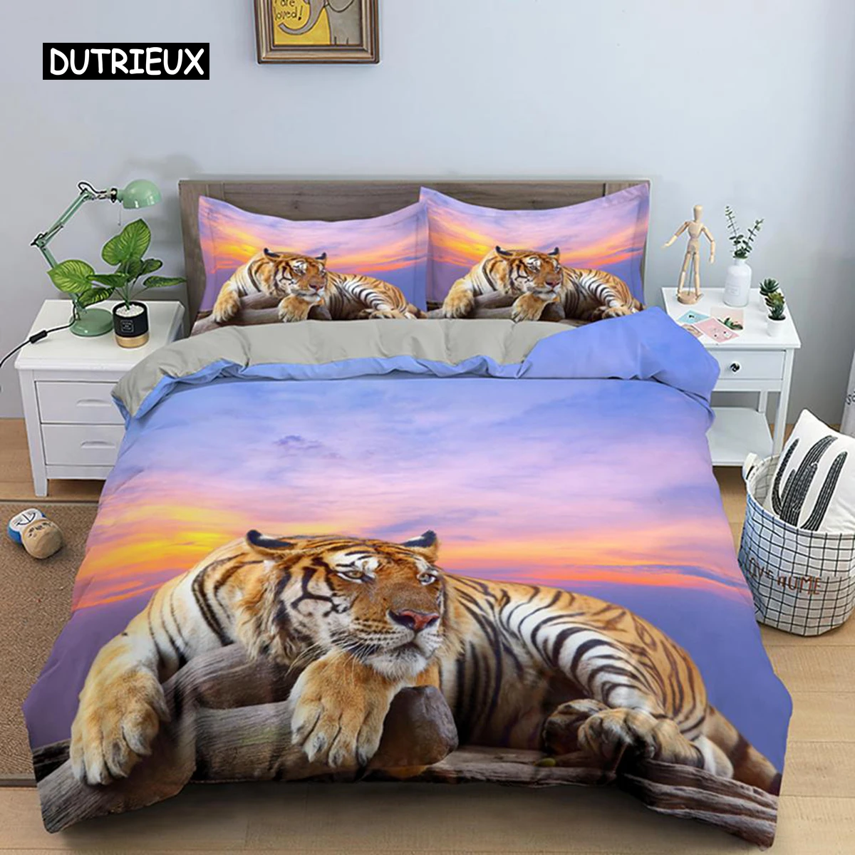 Tiger Duvet Cover Set King Size Wild Theme Bedding Set Animal Pattern Comforter Cover Animal Theme Sunset Polyester Quilt Cover