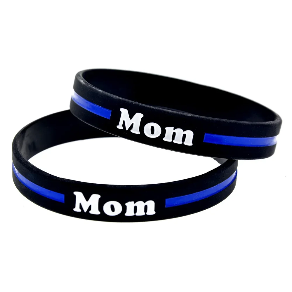 50 Pcs Blue Line Mom Silicone Bracelet 1/2 Inch Wide Bangle Black