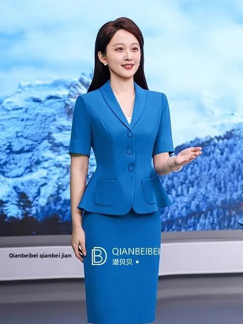 

Xiaobao Blue ort Sve Suit Profional Ice Silk Thin Host Work orm for Teacher Interview Formal Wear Fem Suit Set