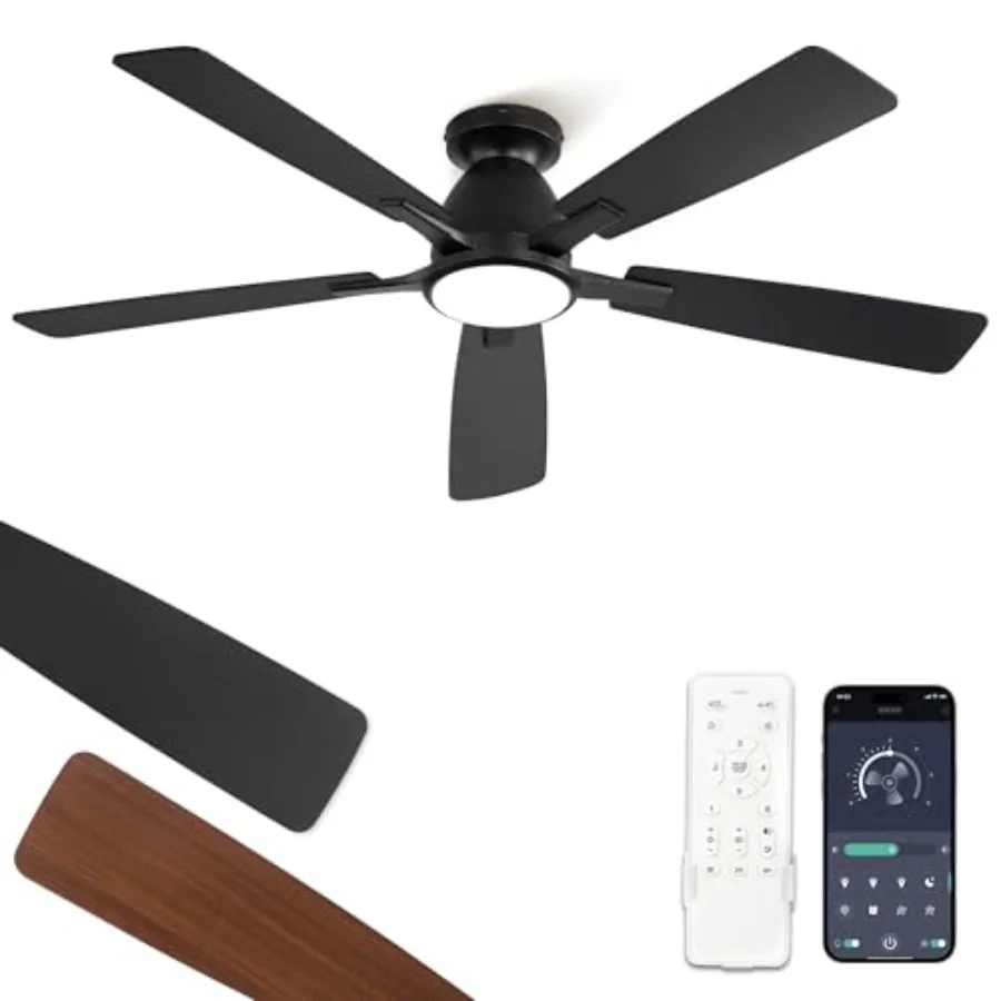 52 inch Ceiling Fans with Lights for Bedroom Living Room Kitchen, Black ABS Blades, 3CCT 20W LED, 6-Speed Quiet Reversible Moto